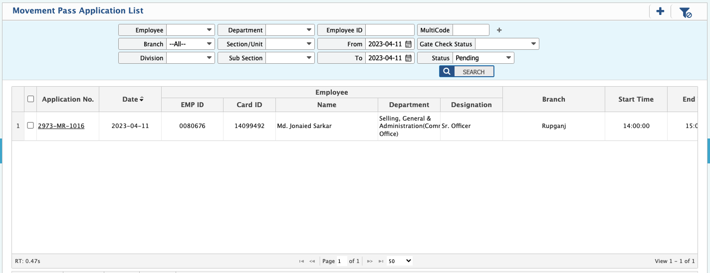 Movement Register Application List